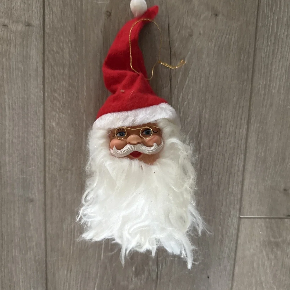 Vintage Rubber Face Santa Head‎ Decoration Blue Eyes glasses Flocked Hat